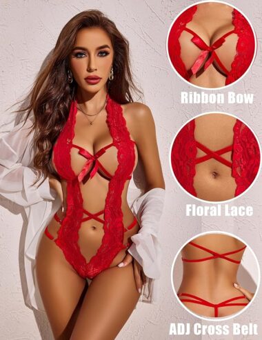 Sexy Women Deep V Halter Lingerie Teddy One Piece Bodysuit Lace Baby doll