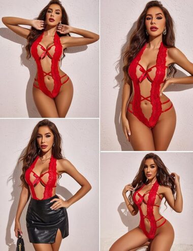 Sexy Women Deep V Halter Lingerie Teddy One Piece Bodysuit Lace Baby doll